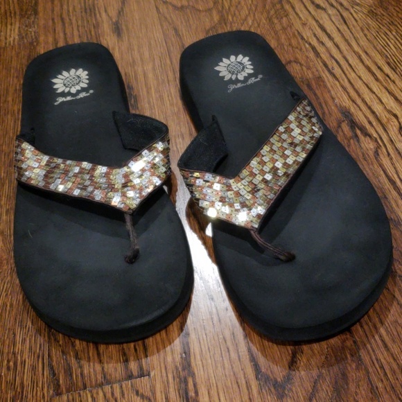 yellow box gold flip flops